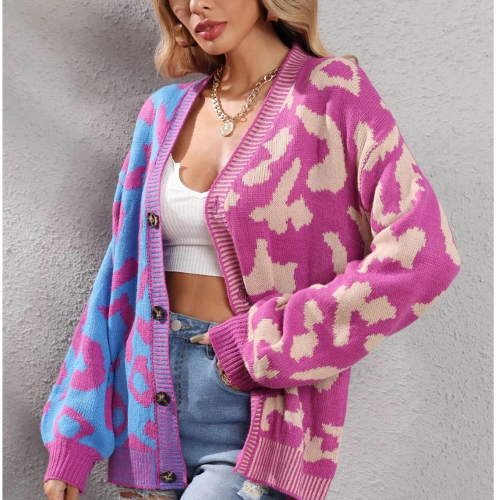 New In Leopard Color Block Patchwork Women's Knit Cardigan Sweater Button Down - Picture 2 of 5